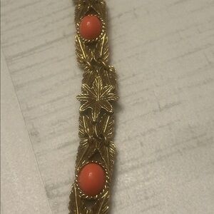 Vintage Goldette Bracelet Coral Lucite Bullet Cabochons Gold Tone Foliate